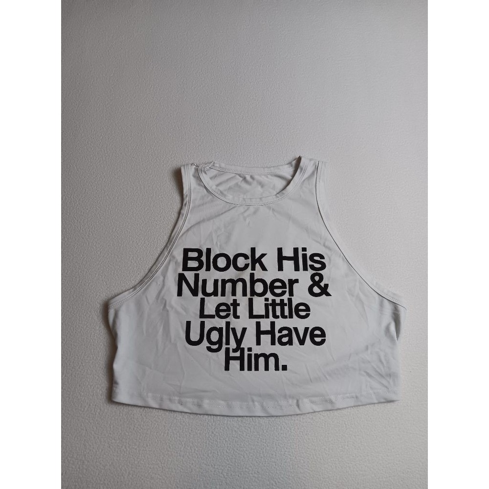 SHEIN 0XL White Crop Tank Top Block His Number Funny Graphic High Neck
